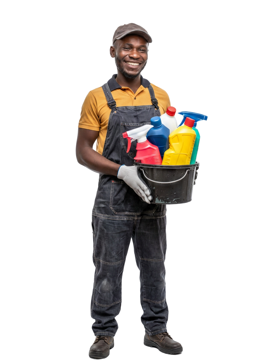 Keystone Property Cleaners team member holding cleaning supplies